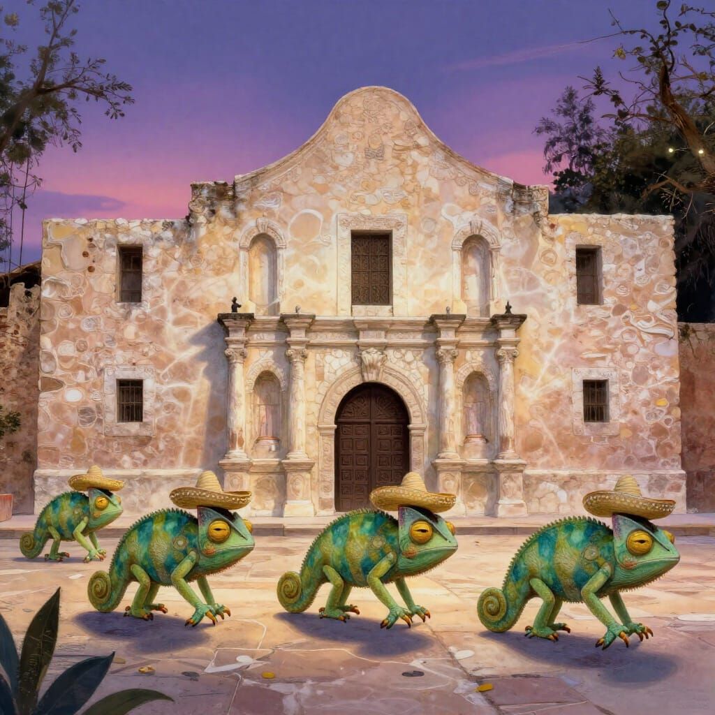Whimsical Chameleons at the Alamo in Twilight