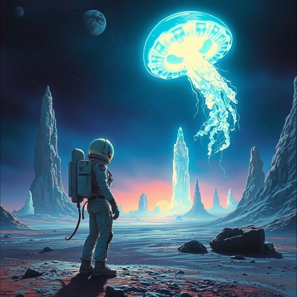 Astronaut and Bioluminescent Jellyfish on Alien Planet