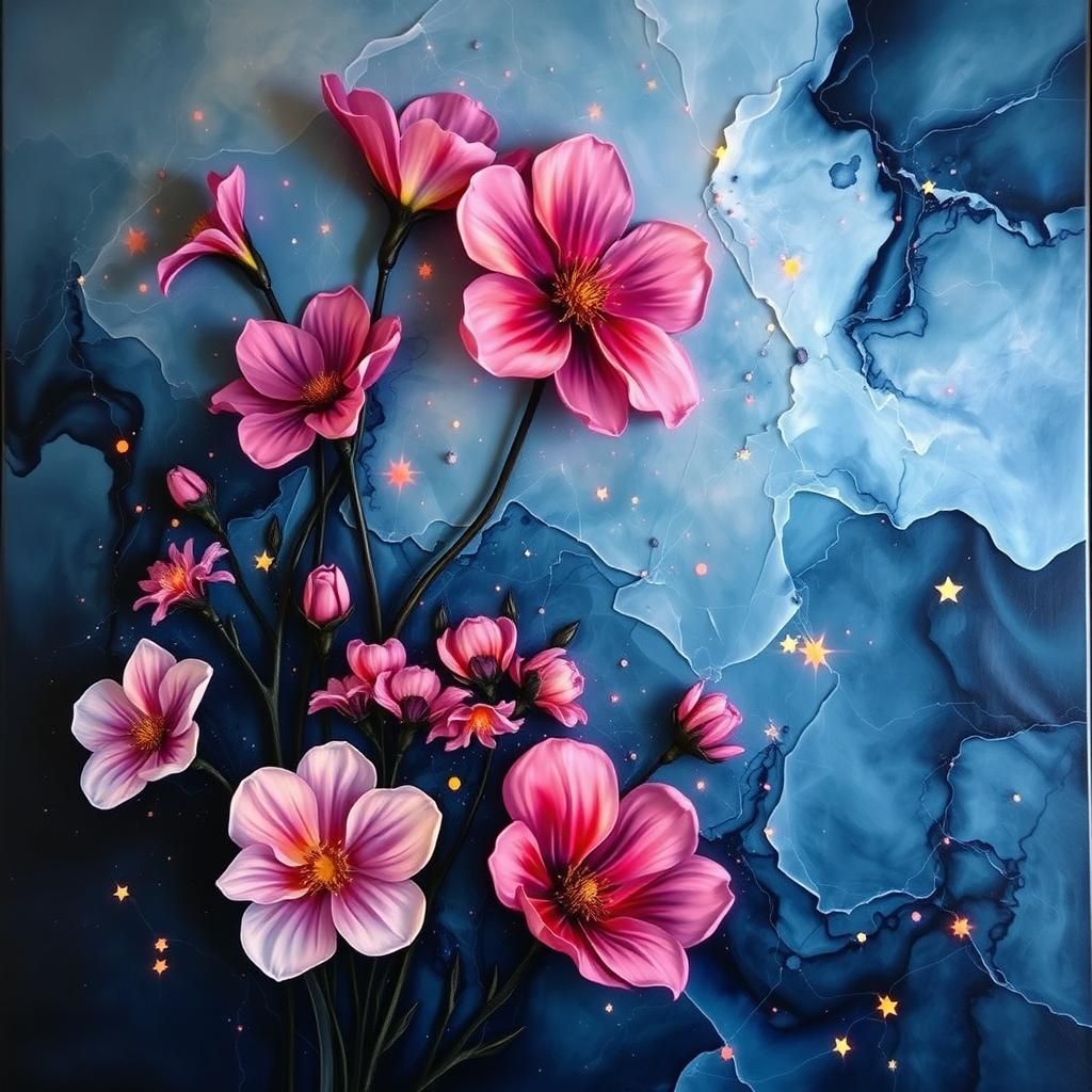 Abstract Word Art with Flowers in Acrylics