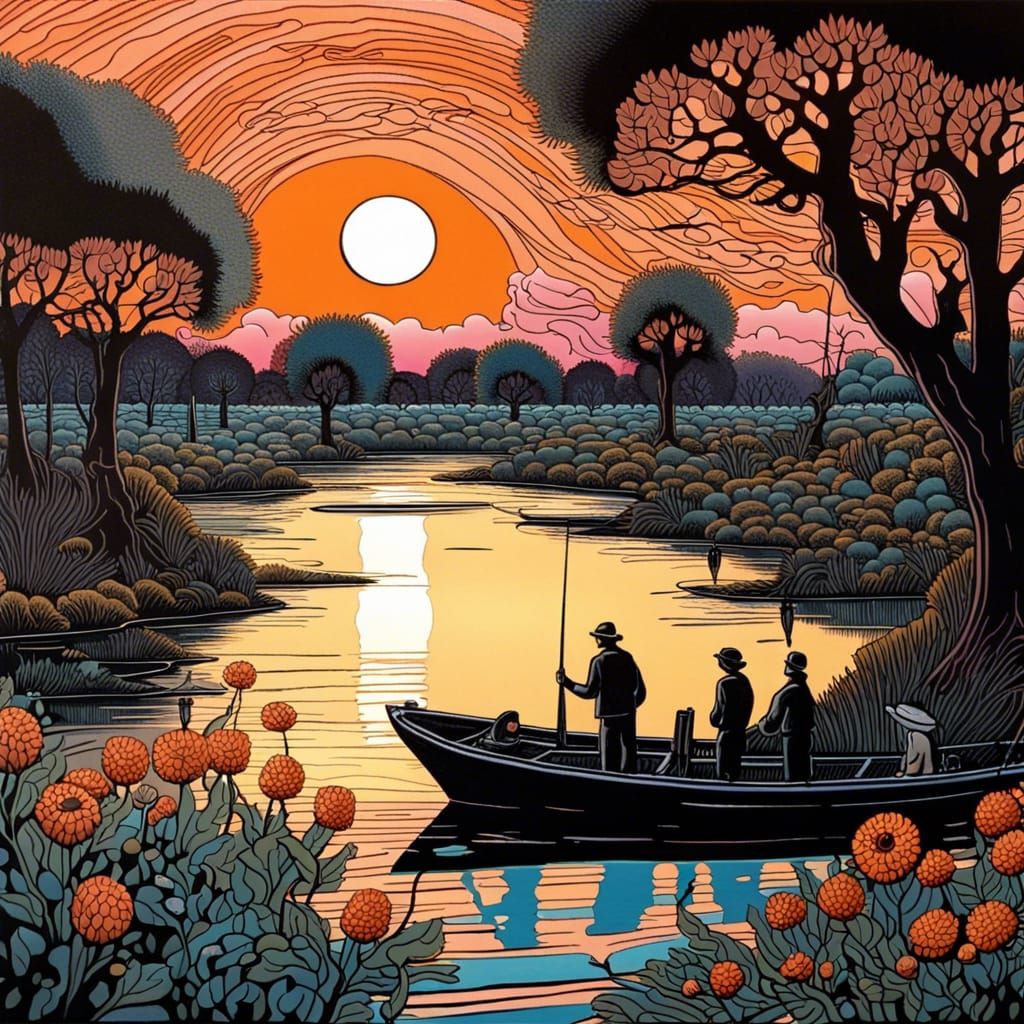 Fishermen at Sunset: Post-Impressionistic Landscape Painting