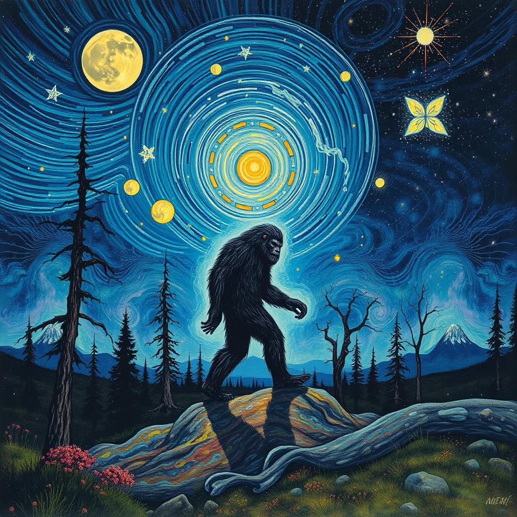 Surreal Bigfoot Namaste in Futurism Art Style