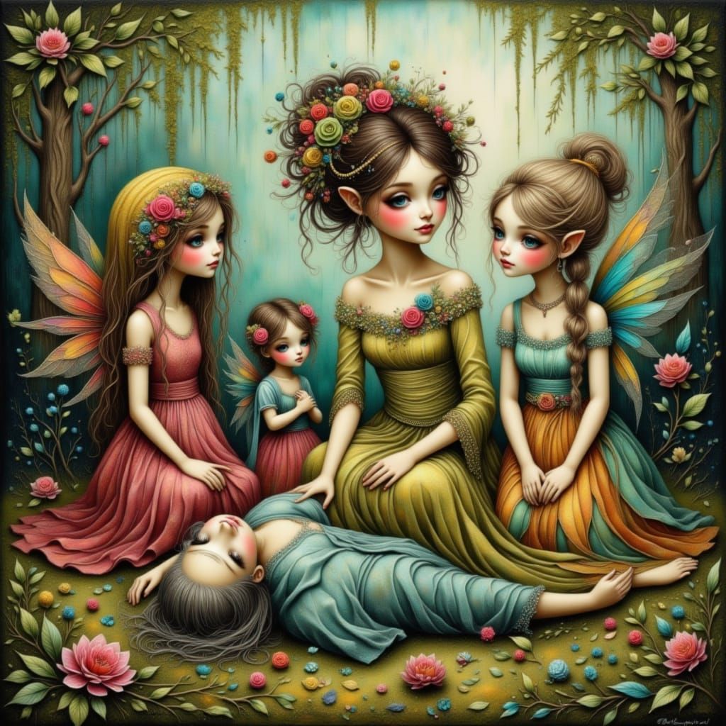 Generations of Fairies in Sun Dappled Woodland