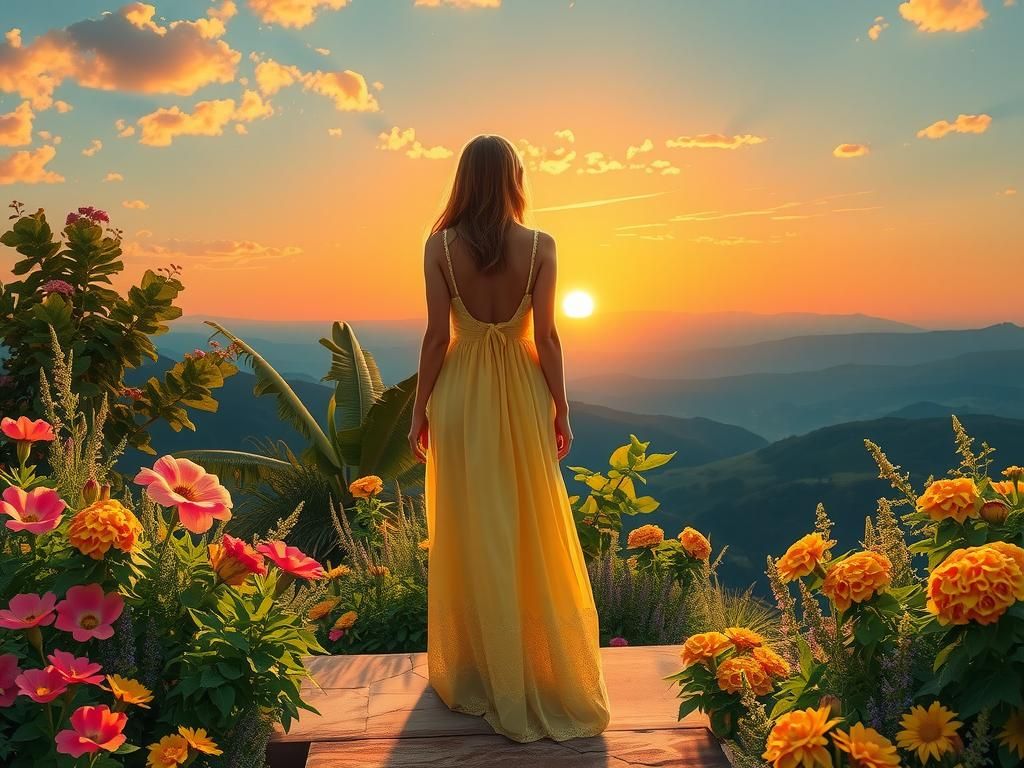 Sunrise Serenity: Woman in a Floral Landscape
