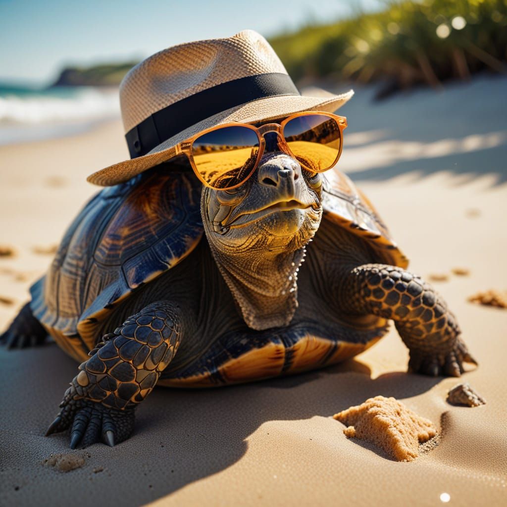 Tortoise in Trilby and Shades: A Masterpiece Beach Portrait