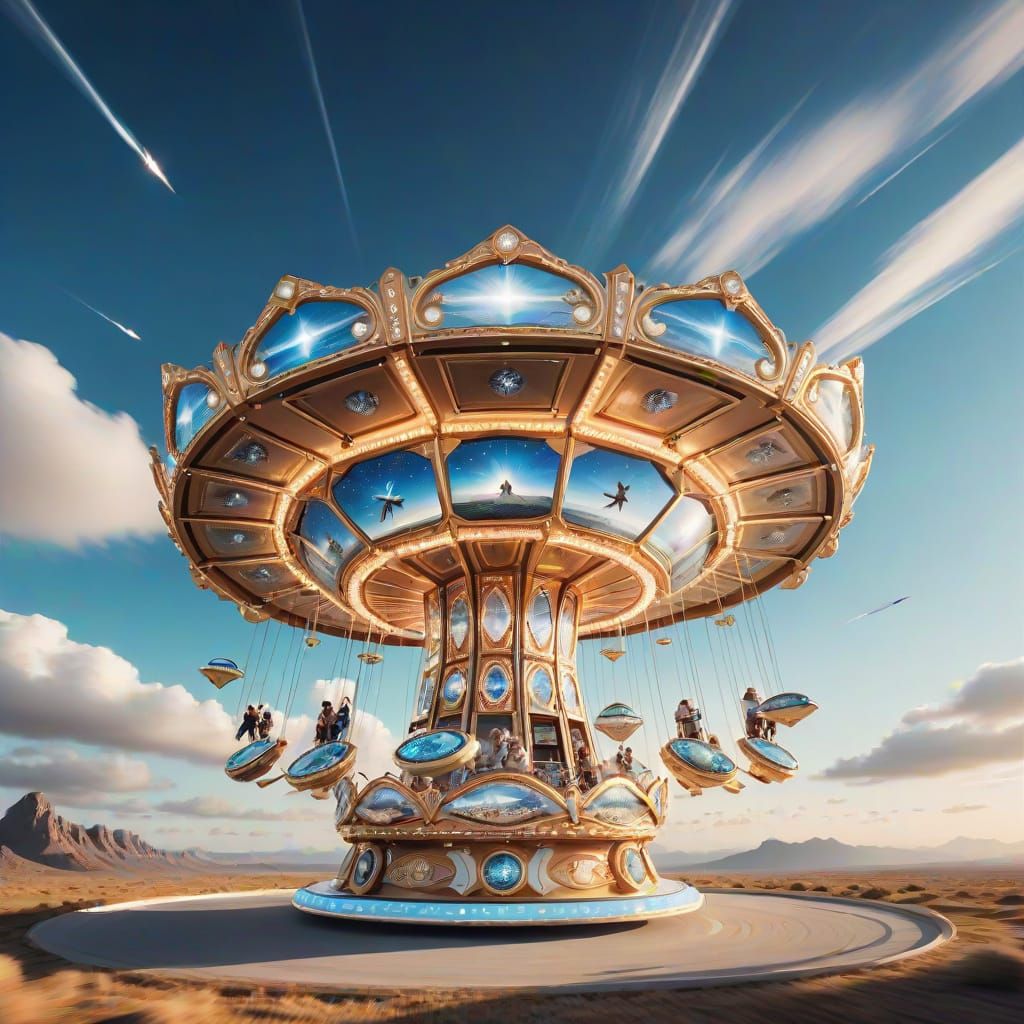 Futuristic Diamond Ring Carousel Flying in the Sky