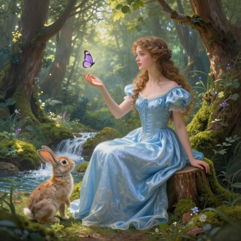 Princess Reaching for Butterfly in Enchanted Forest