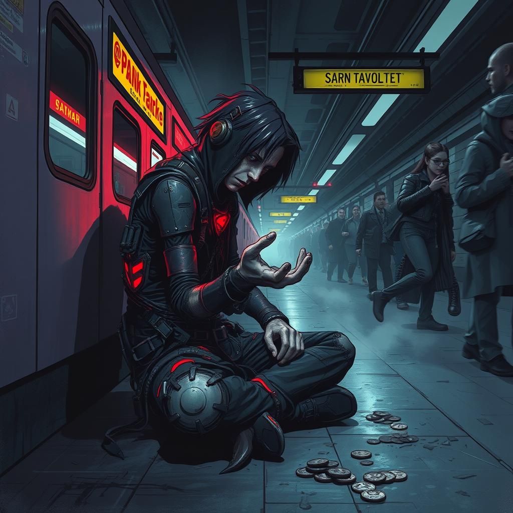 Cyberpunk Beggar in Dystopian Train Station