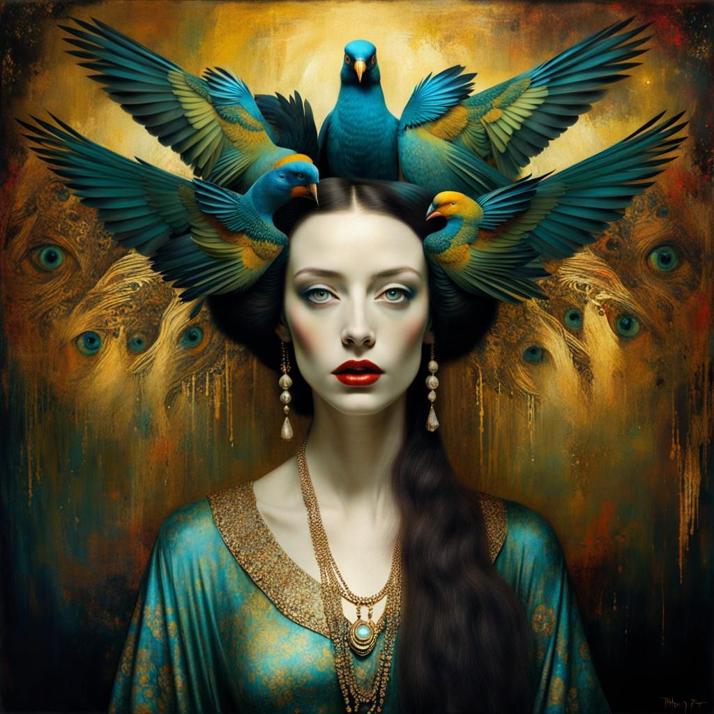 Surreal Bird Lady Hybrid Portrait in Klimt Style