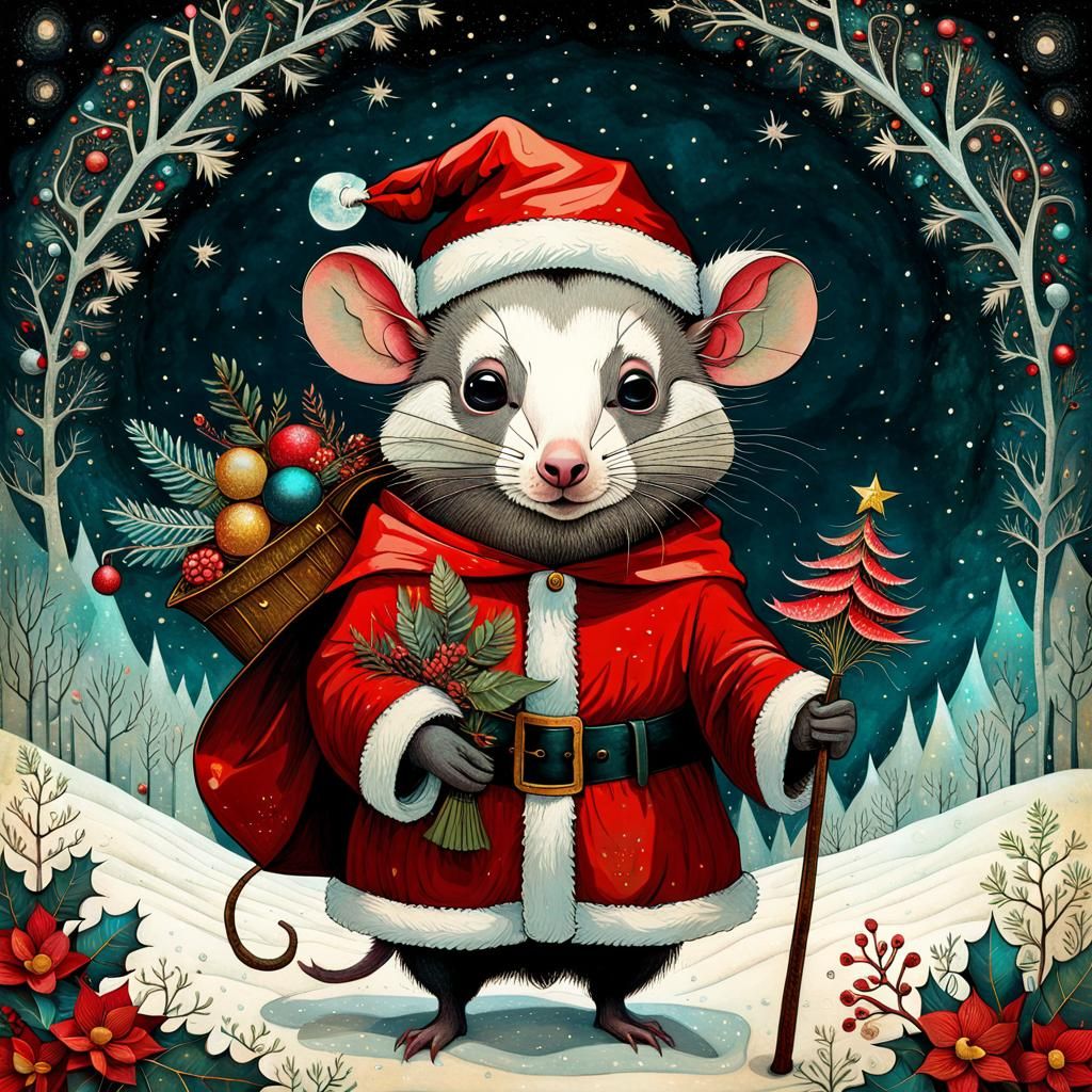 Opossum as Santa Claus in Folk Art Style