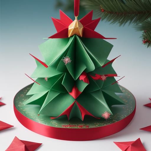 Fantasy Origami Christmas Cake Sparkles in Red and Green