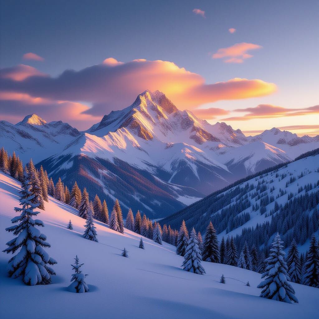 Cinematic Snowy Mountain Dusk Landscape with Golden Light