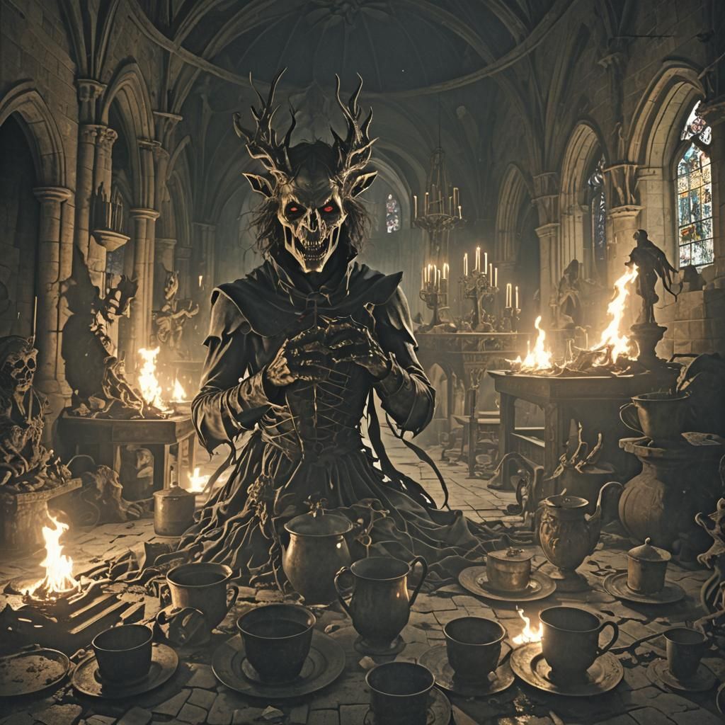 Demonic Creature Terrorizing Victim in Dark Cathedral