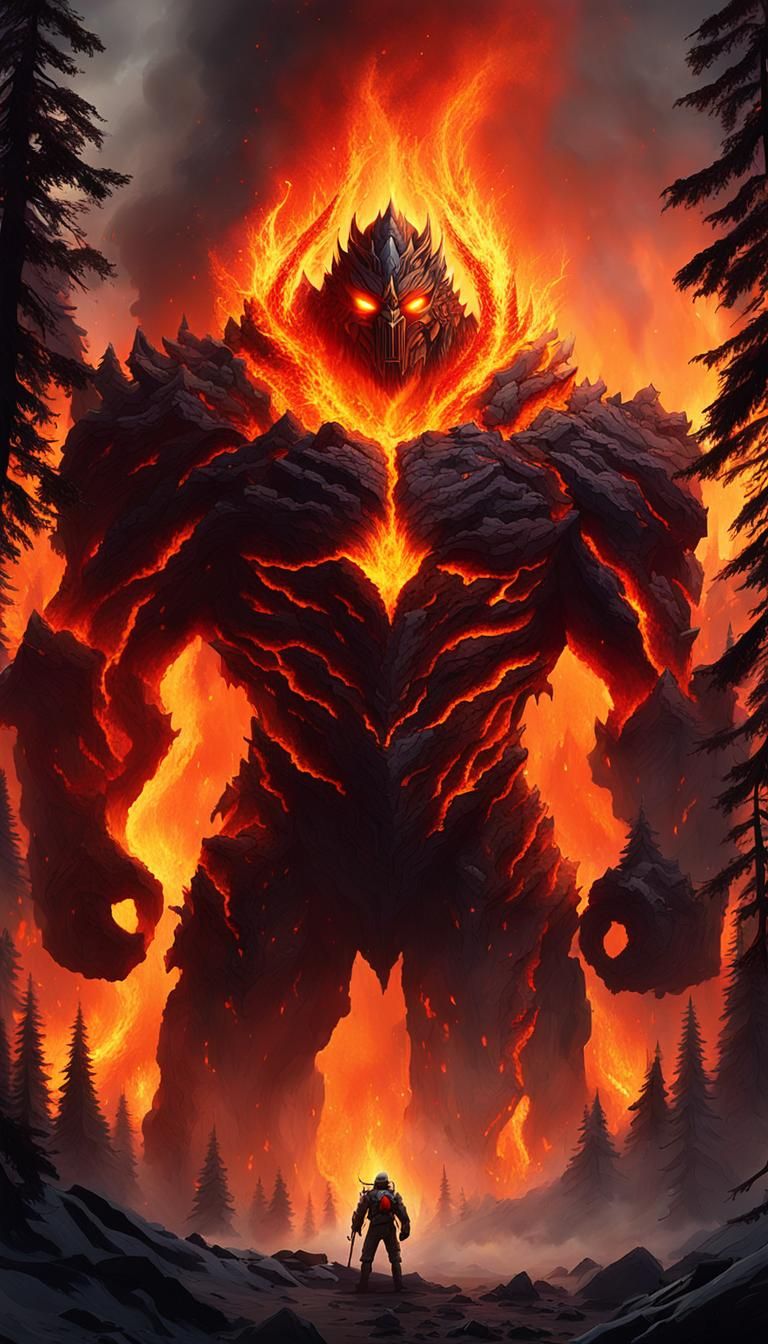 Inferno Titan in Burning Forest, Fantasy Concept Art