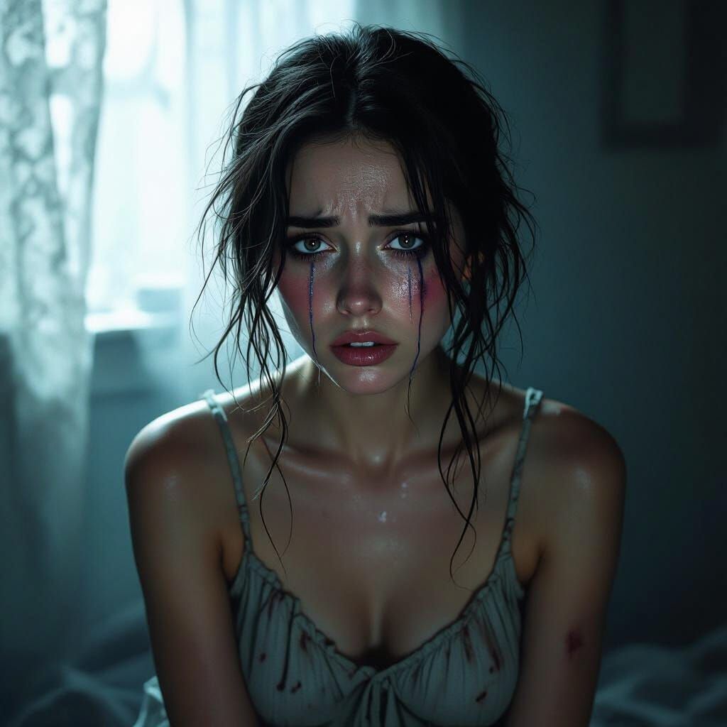 Bruised Woman's Despair in Dark Room: Digital Art