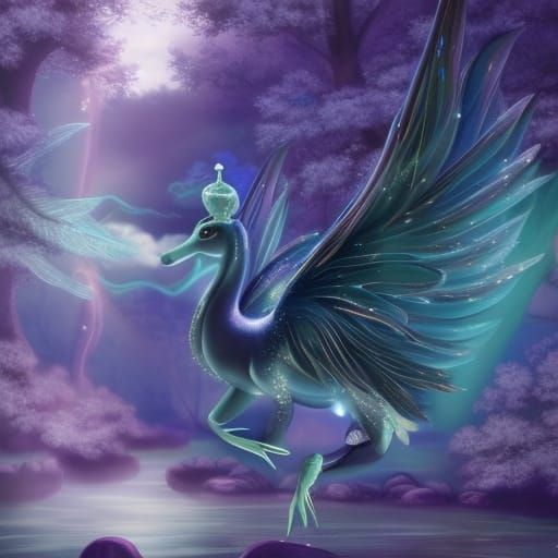 Magical Forest with Moonlight Nymphs and Flying Ship