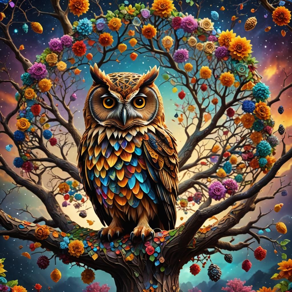 Owl in a Colorful 3D Tree of Life