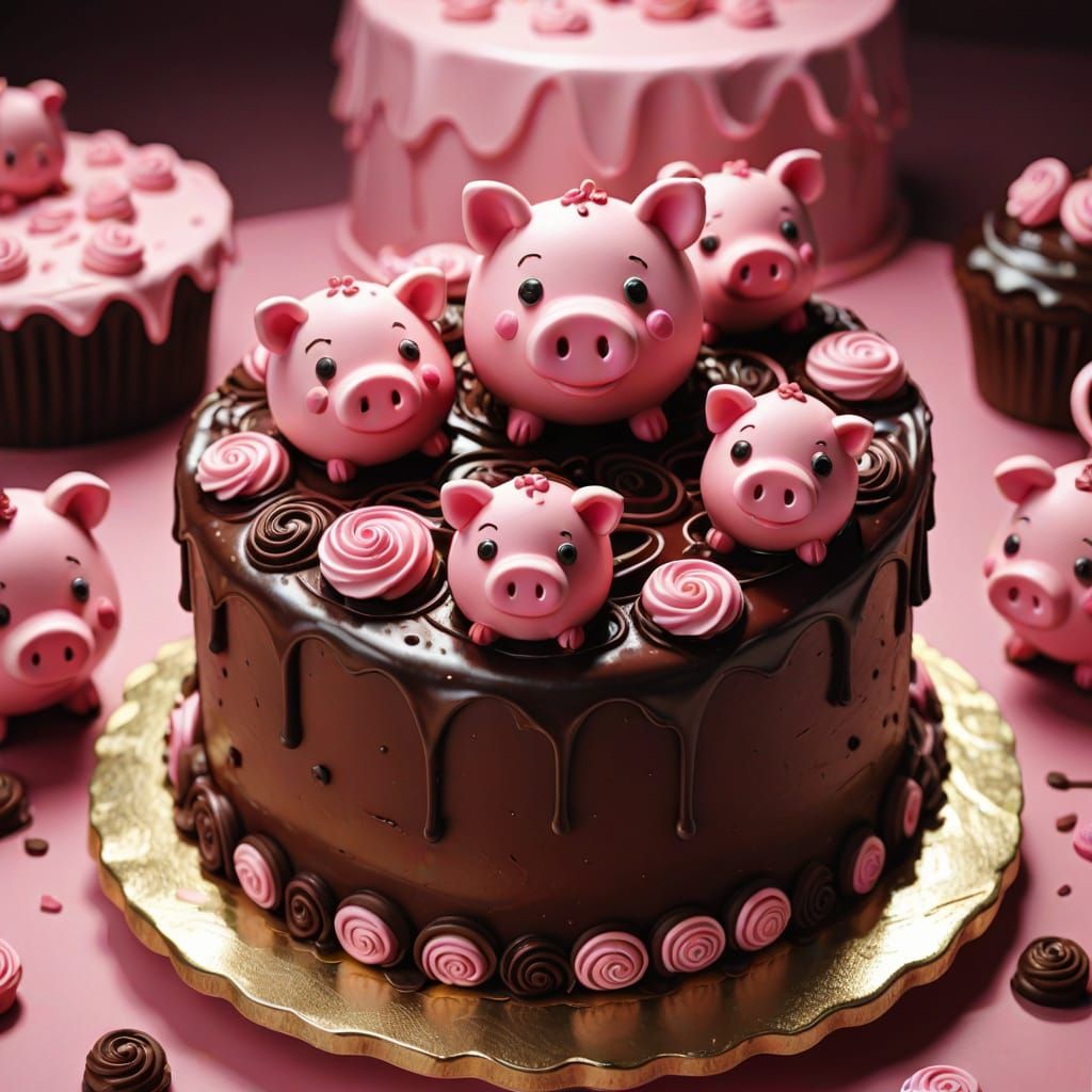 Whimsical Chocolate Cake with Pink Fondant Pigs