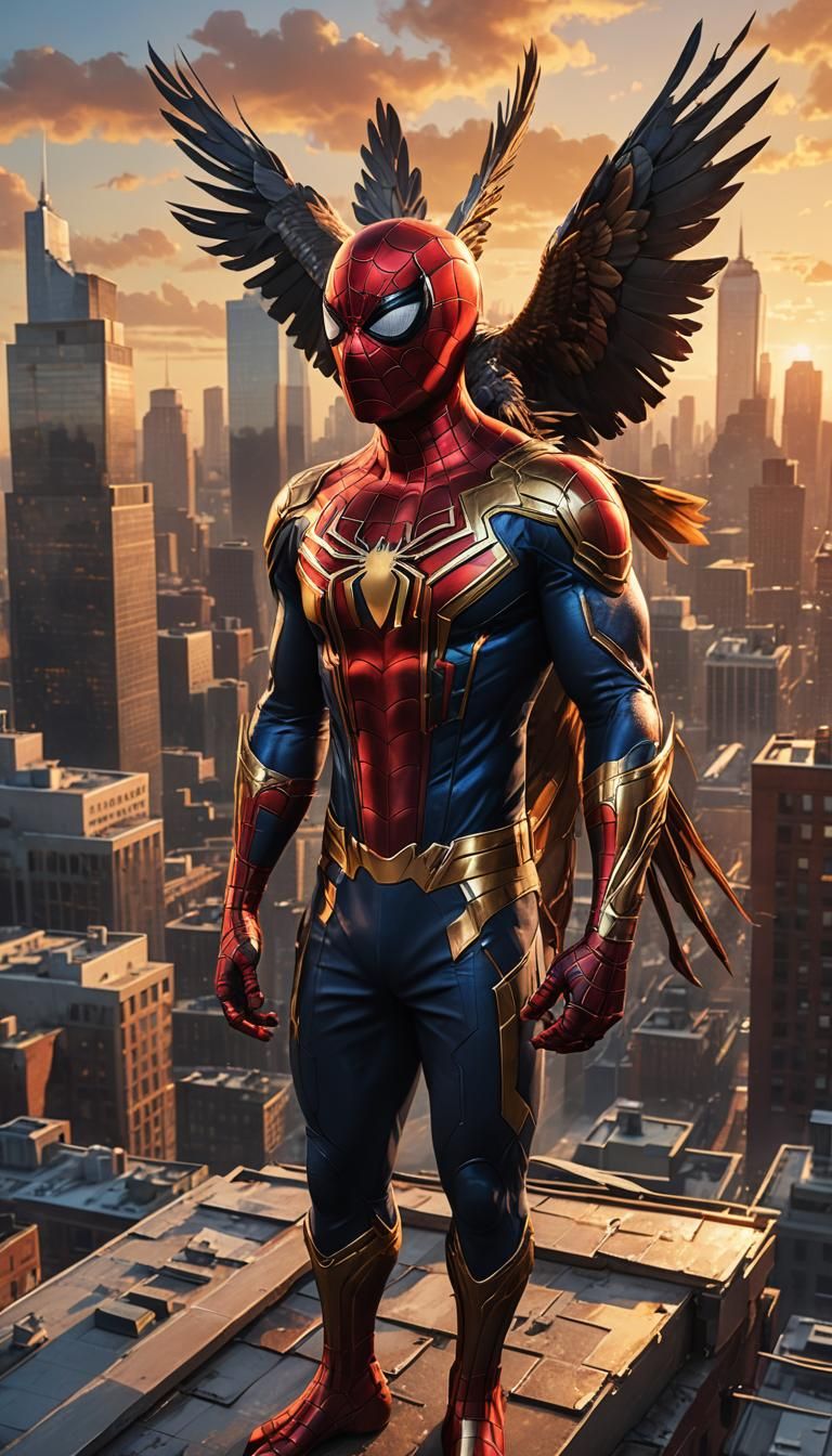 Spiderman and Eagle Rooftop Sunset: Comic Book Art