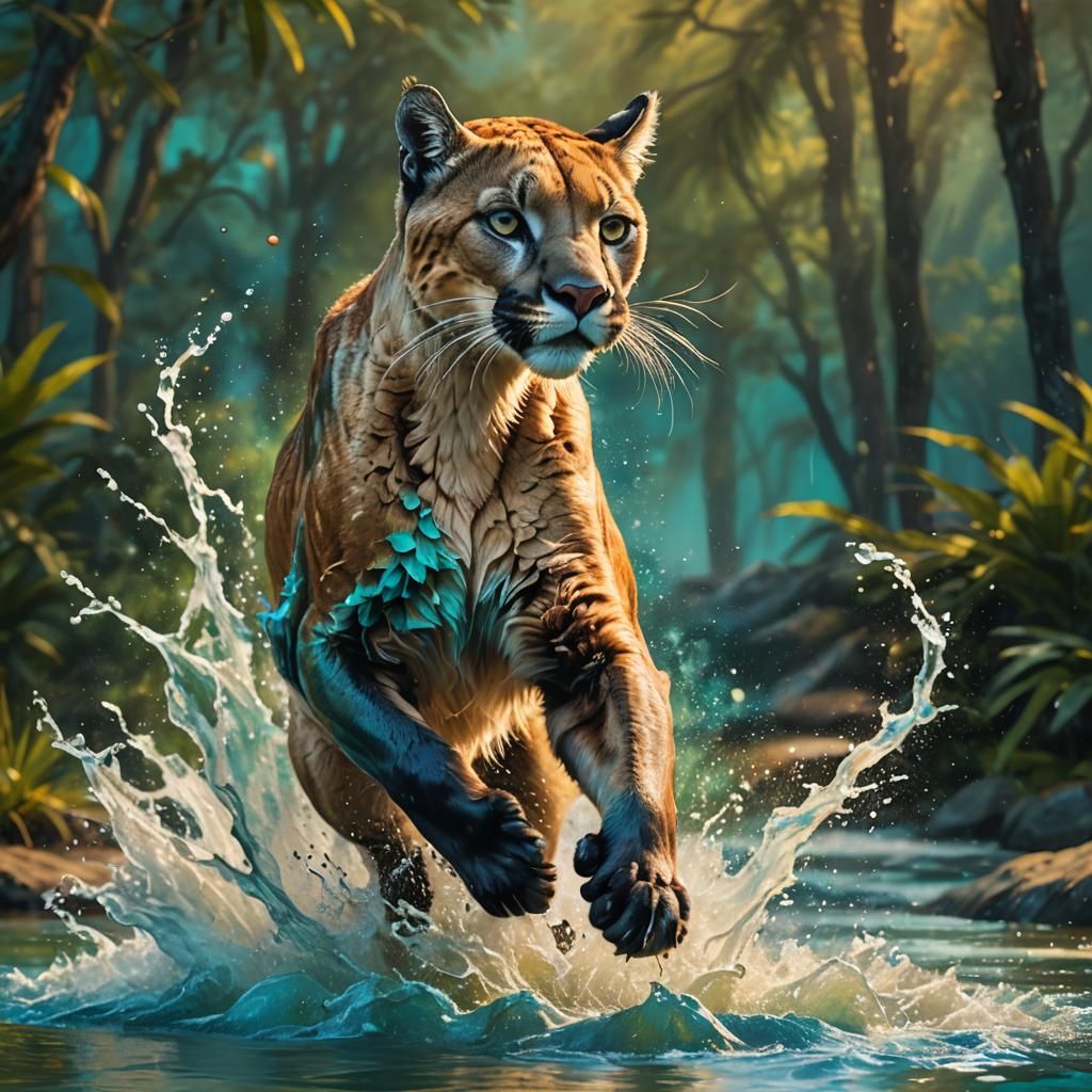 Puma Leaping: Vibrant Splash Art in Golden Light