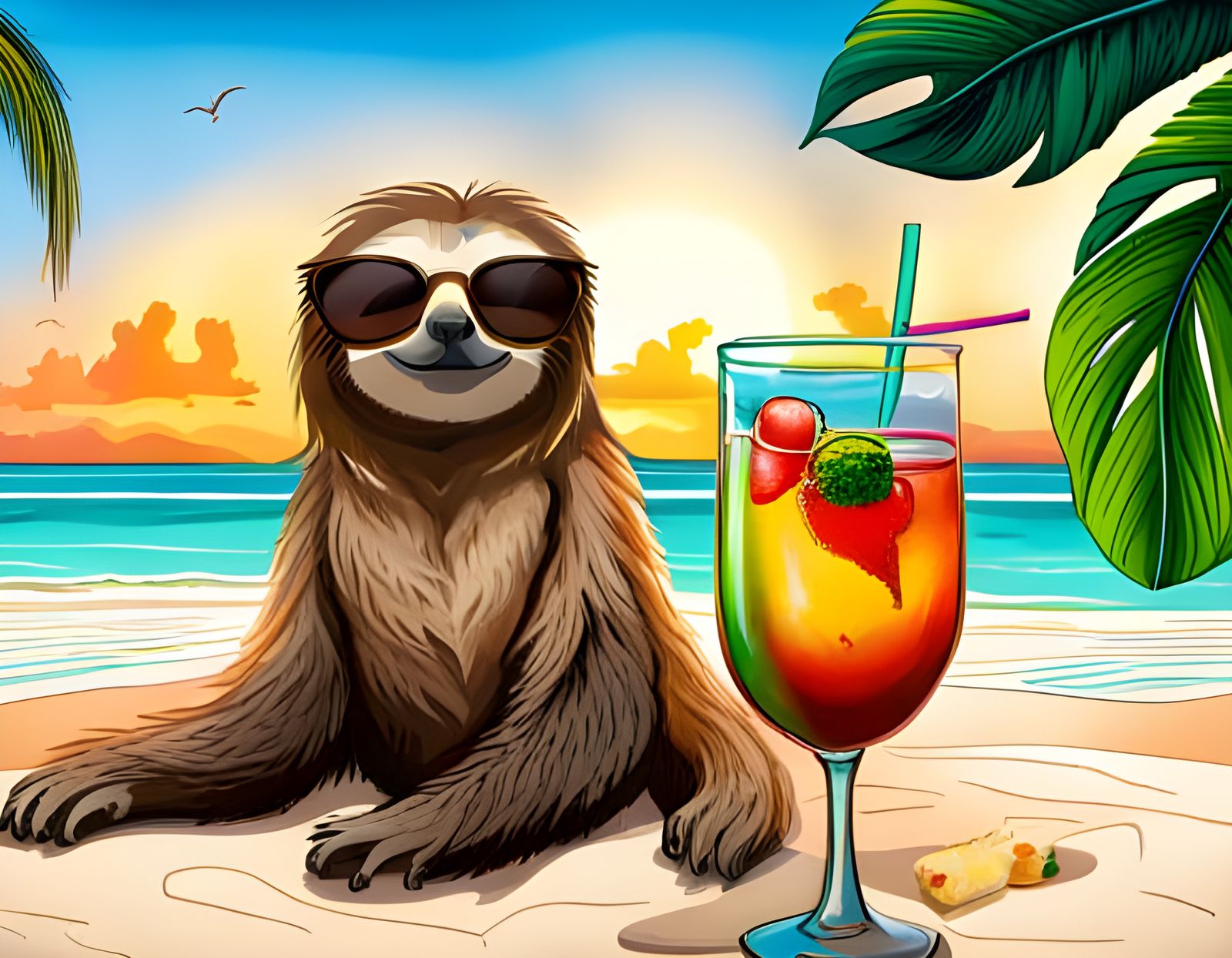Sloth and Cat Beach Vacation with Cocktails
