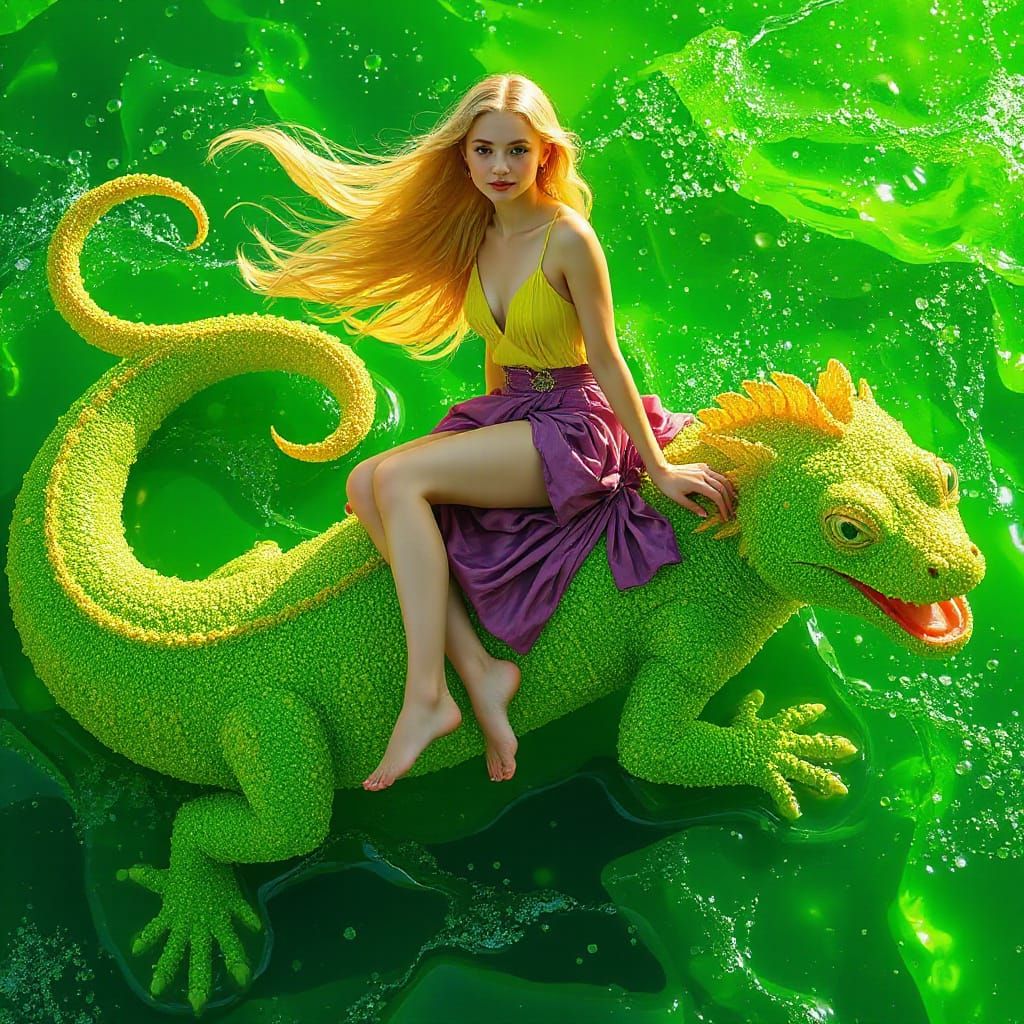 Woman on Gummy Salamander in Soda Ocean