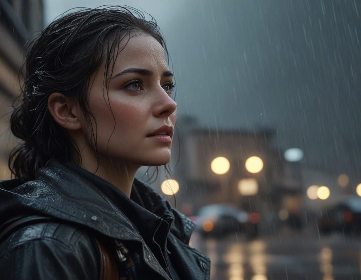 Serene Woman Surrounded by Hyperrealistic Raindrops in Cinem...