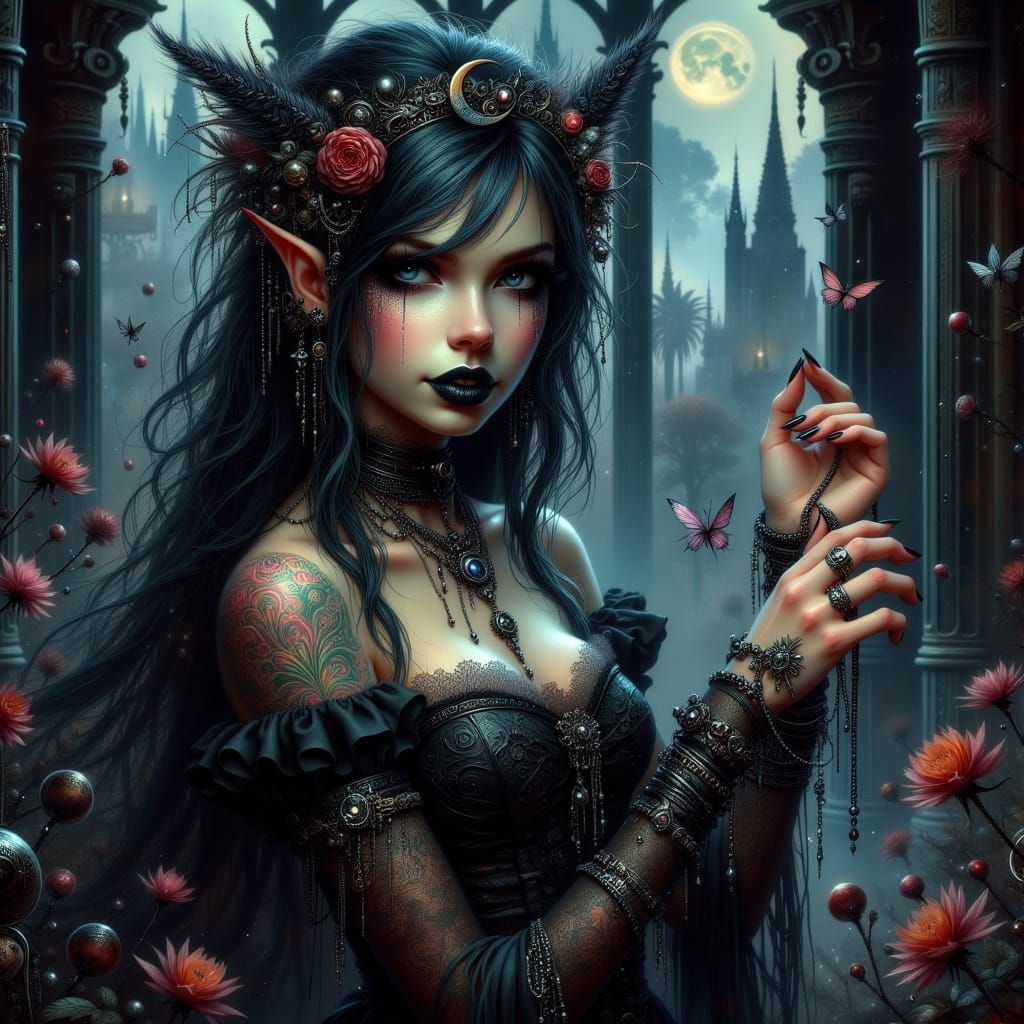 Gothic Punk Fairy in Elegant Black and Crimson Corset Dress