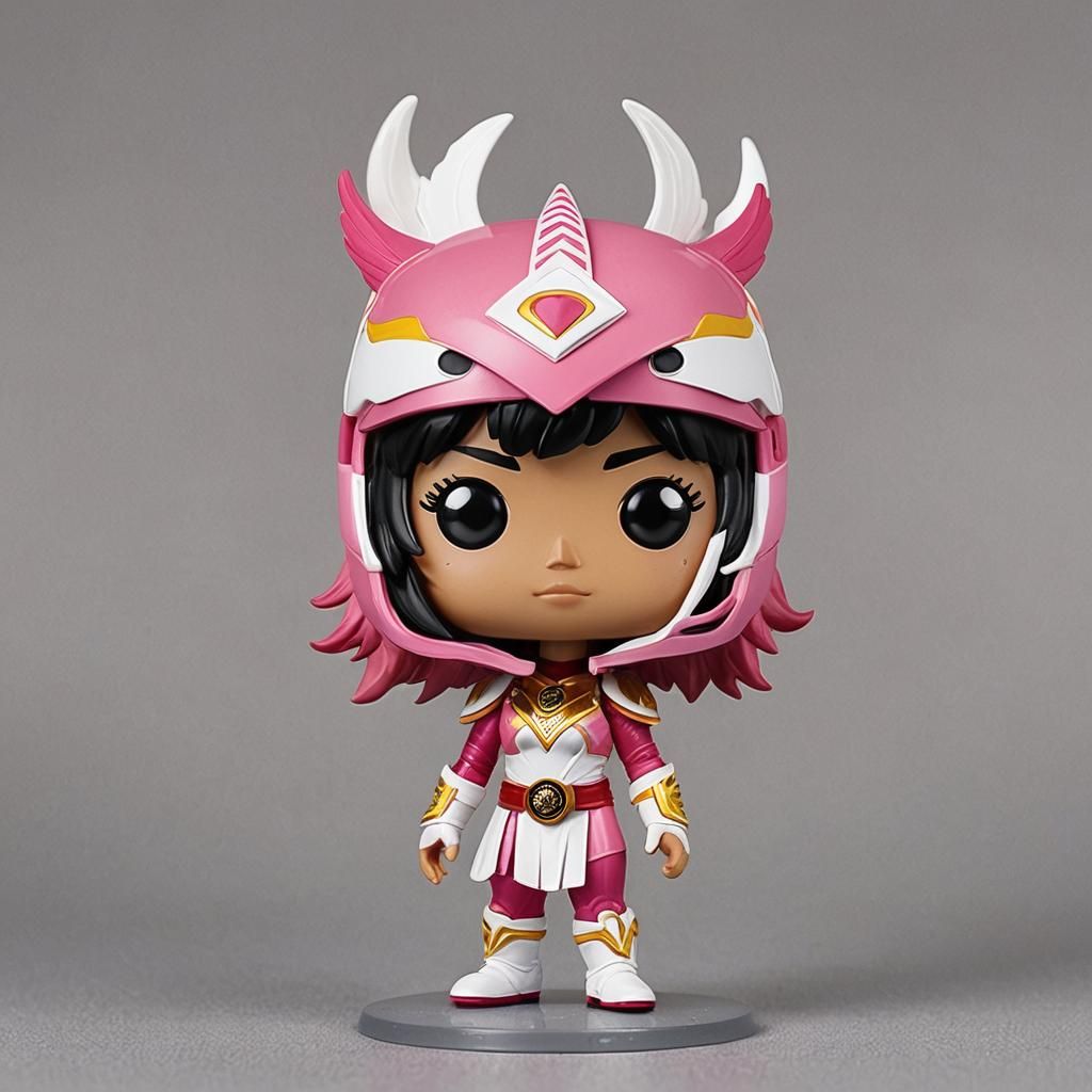 Funko Pop of a Vietnamese woman power ranger with bangs A sweet, petite figure with a pink and white costume, complete w...