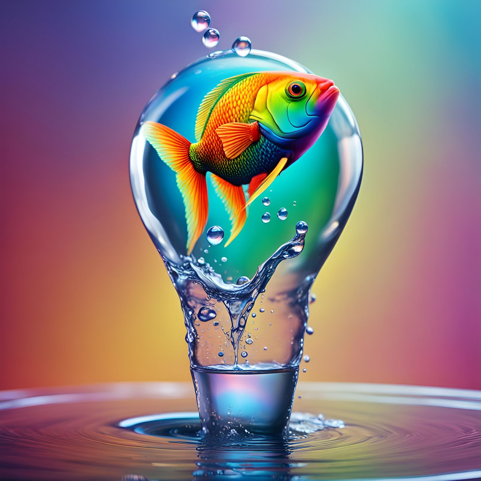 Fish in Droplet: Hyperrealistic Waterfall Splash Art