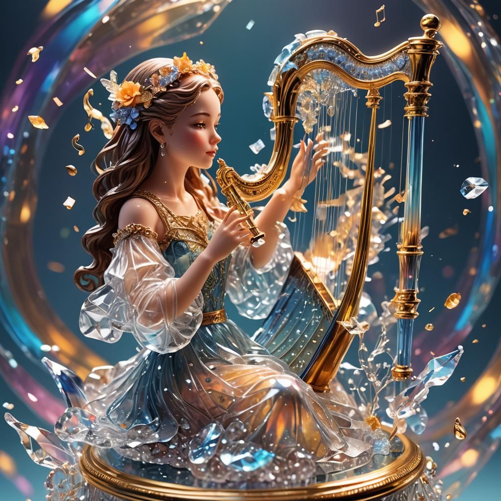 Crystal Music Box with Harpist Figurine