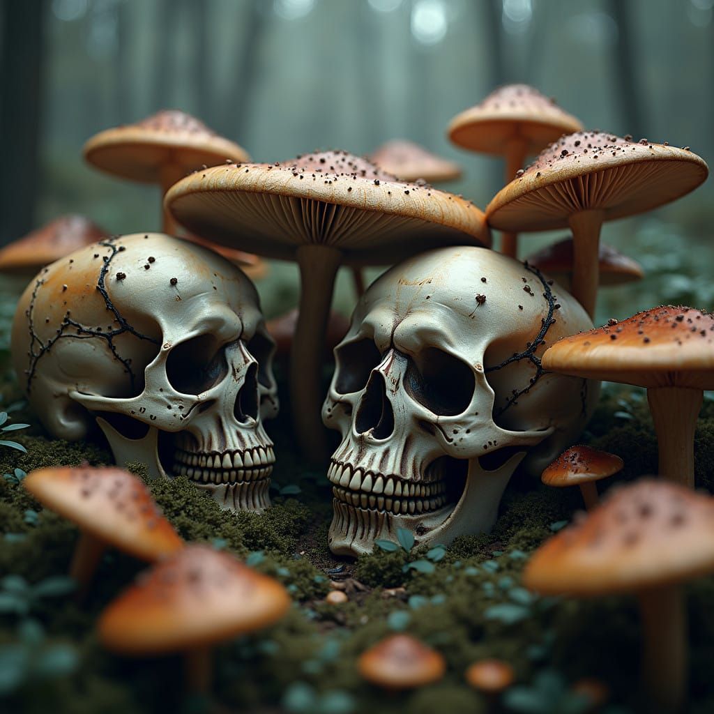 Majestic Skulls in Ethereal Mushroom Landscape