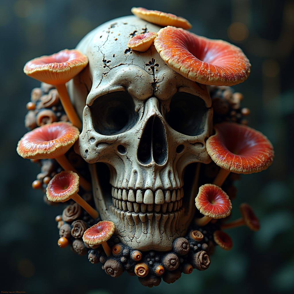 Ethereal Baroque Skulls Amidst Vibrant Mushrooms in Moody Lo...