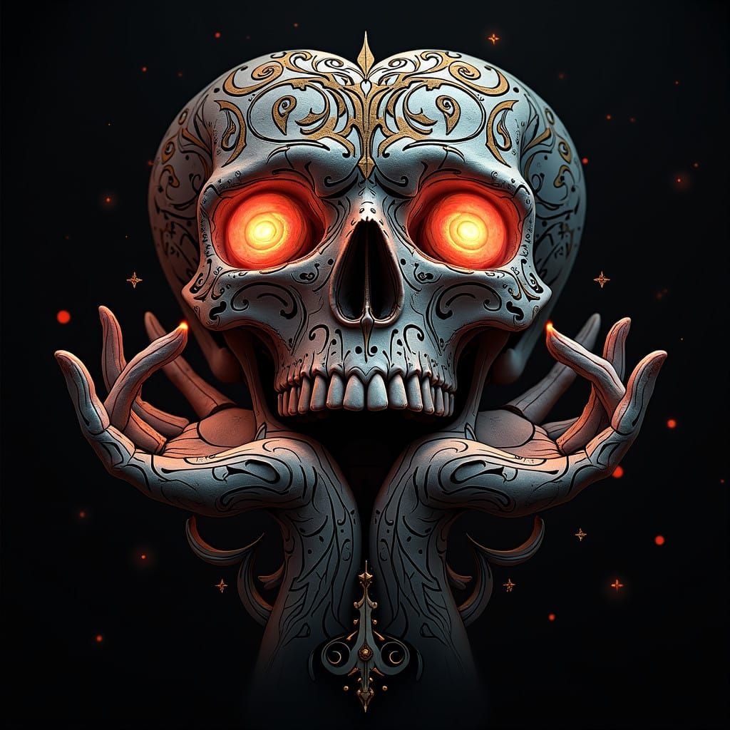 Ethereal Sugar Skulls Amidst Glowing Mushrooms in a Dark, Ve...