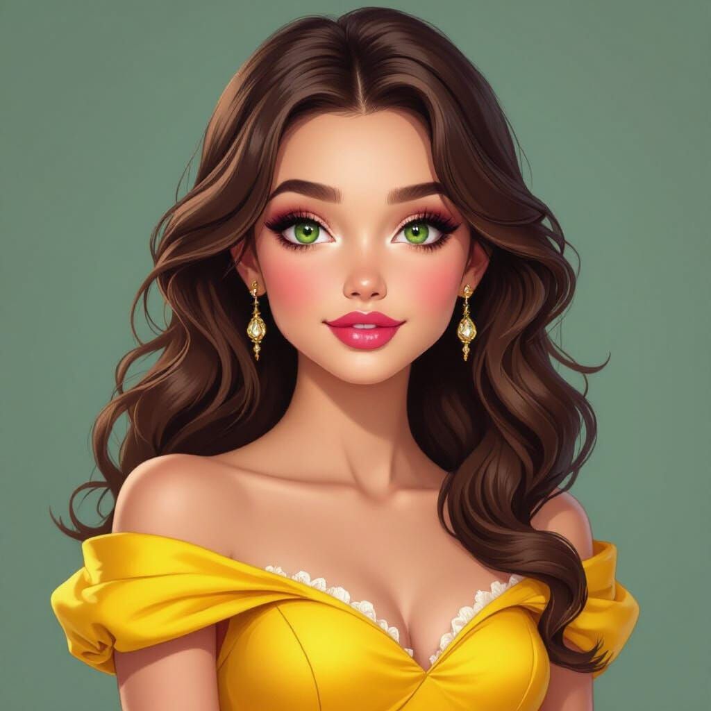 Princess Bella in Yellow Dress, Whimsical Disney Style