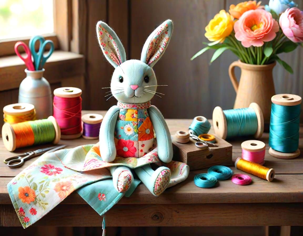Handmade Patchwork Bunny Toy in Whimsical Setting