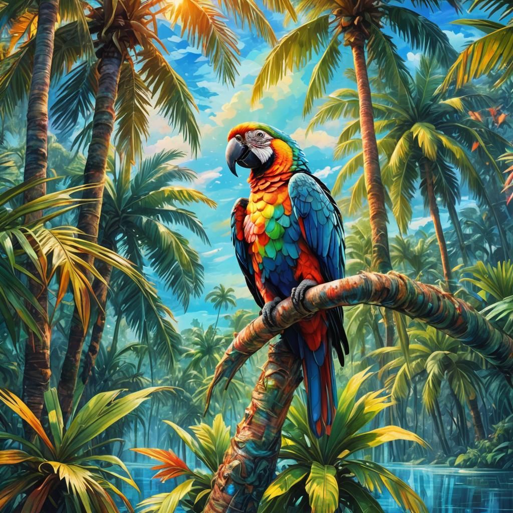 Colorful Parrot in Palm Tree: Cosmic Illustration