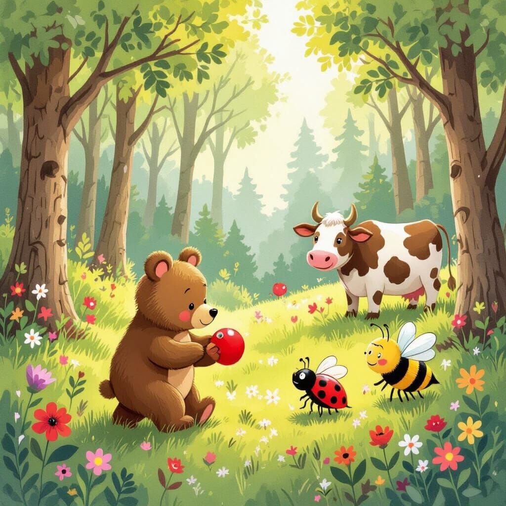 Bear Searches Forest for Red Ball with Insect Friends