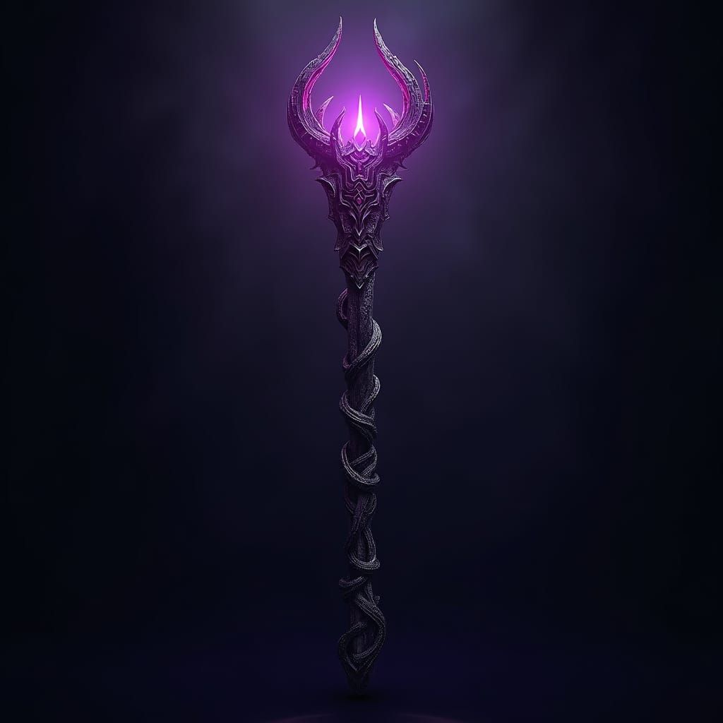 A majestic, malevolent DROW magical wand, radiating an unearthly, pulsing glow, its deep, rich purple hue shifting with ...