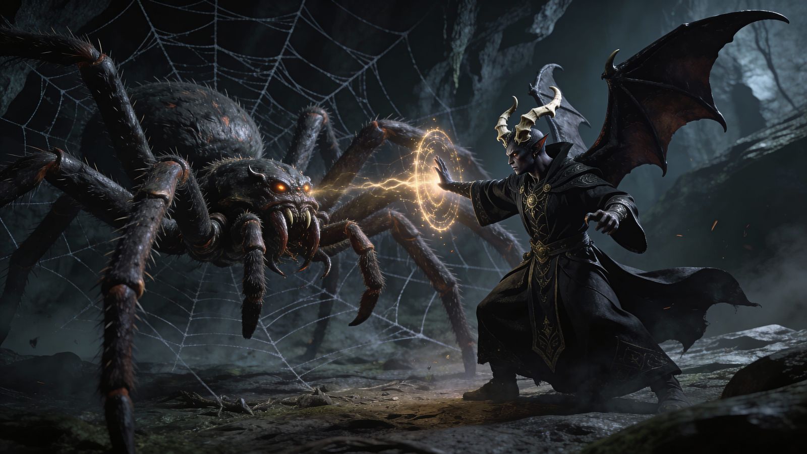 Tiefling Mage Battles Gargantuan Spider in Dark Cave
