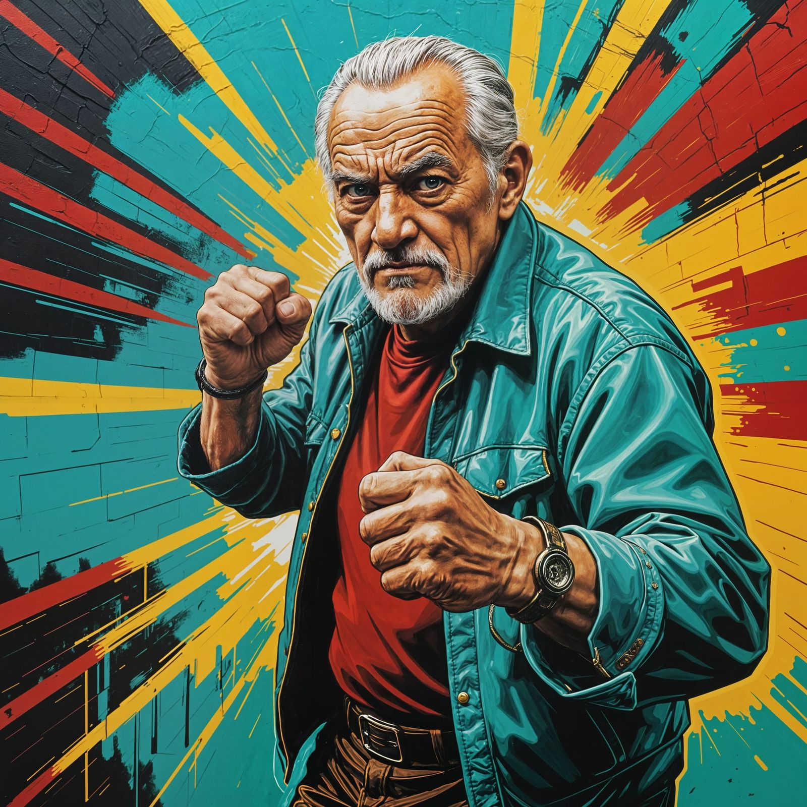 Mystical Old Man with Fists Raised in Chicano Art