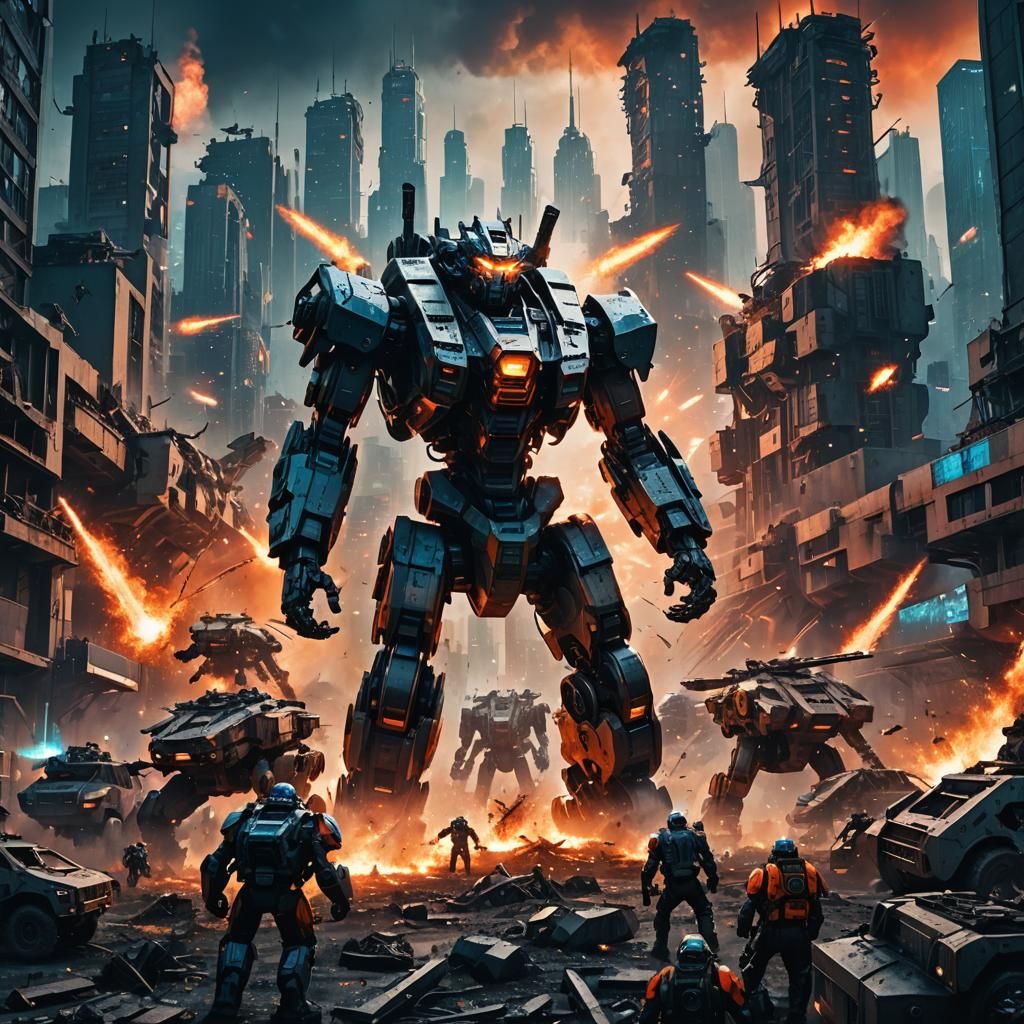 Futuristic War Scene: Mechs and Tanks in Neon City