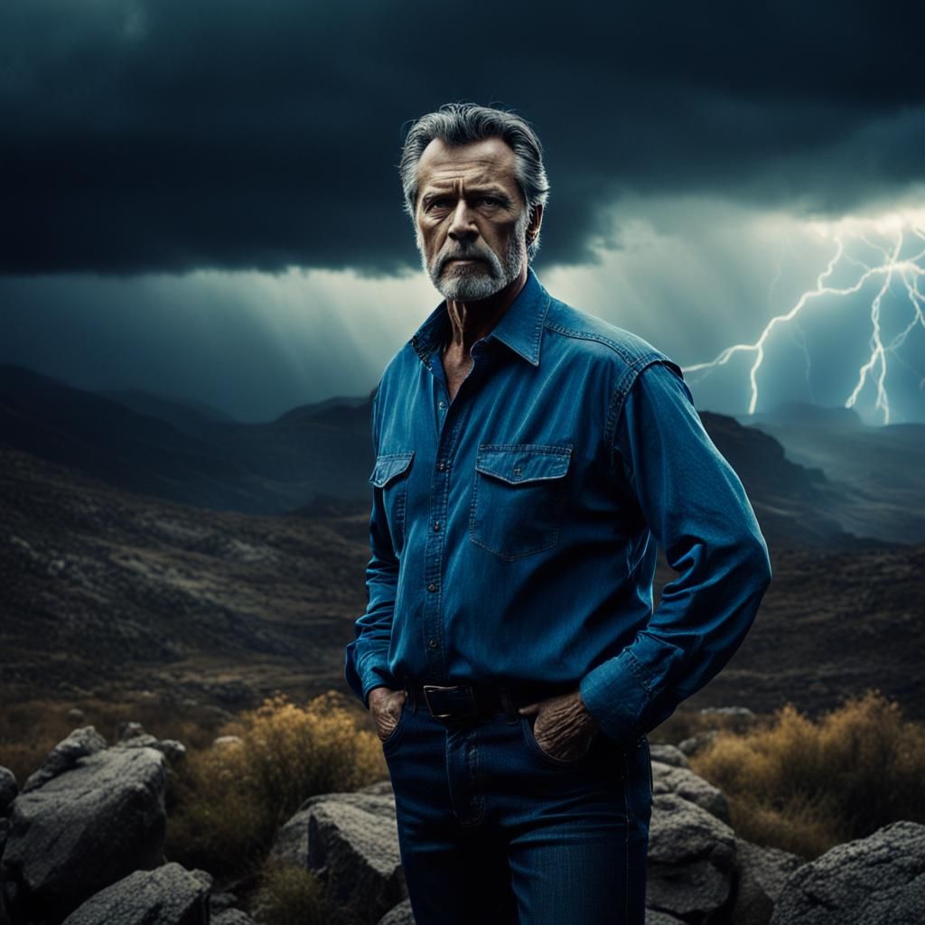 Cinematic Portrait of a Rugged Man in Stormy Landscape