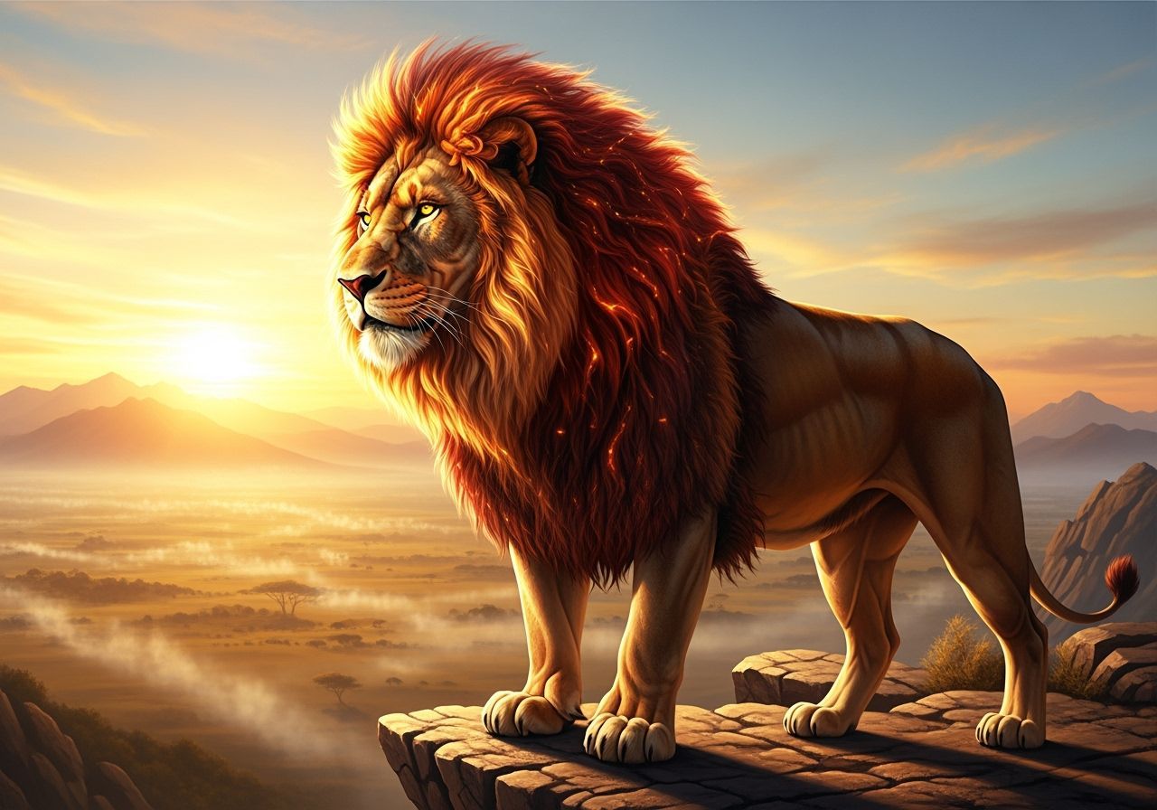 Fiery Lion on Savanna Cliff in Surreal Style