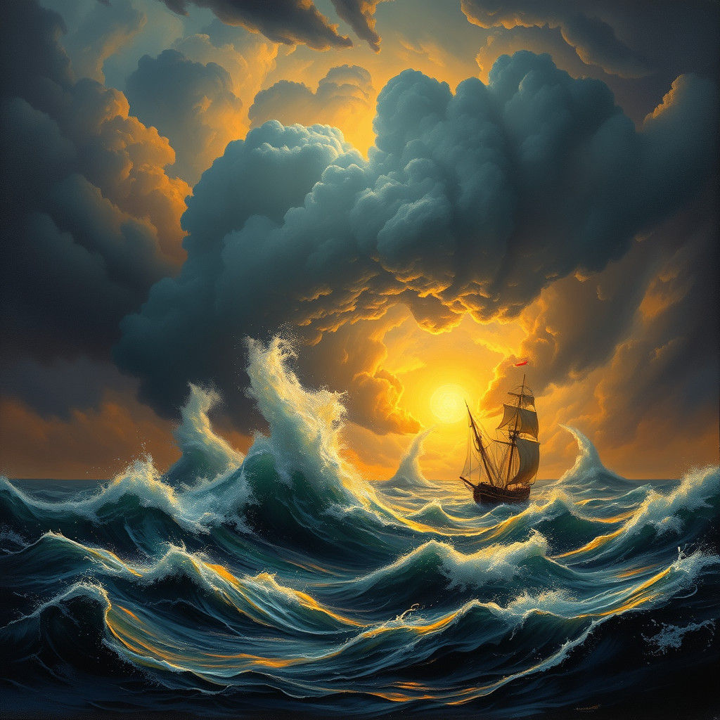 Ship in Hurricane at Sunset: Romantic Seascape