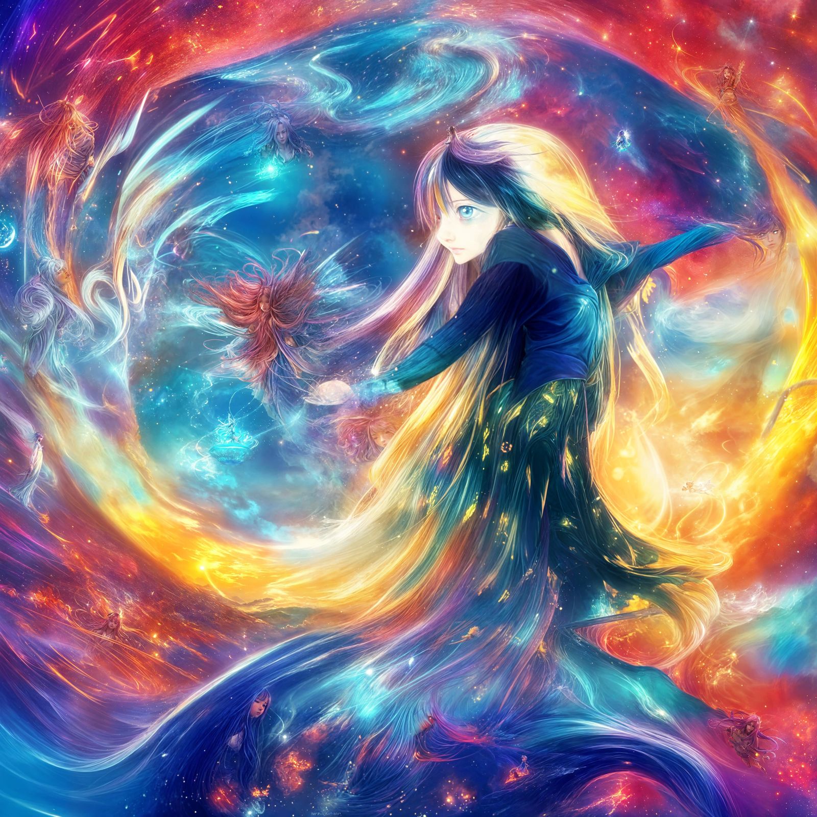 Anime Girl with Rainbow Hair Plays Guitar at Dawn