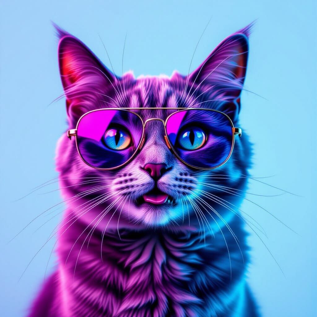 Blue-Eyed Cat with Aviator Sunglasses, Neon Glow