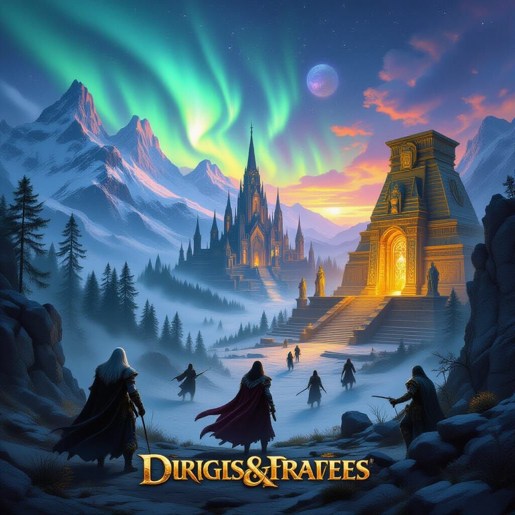 Epic Fantasy Landscape with Adventurers in Frazetta Style