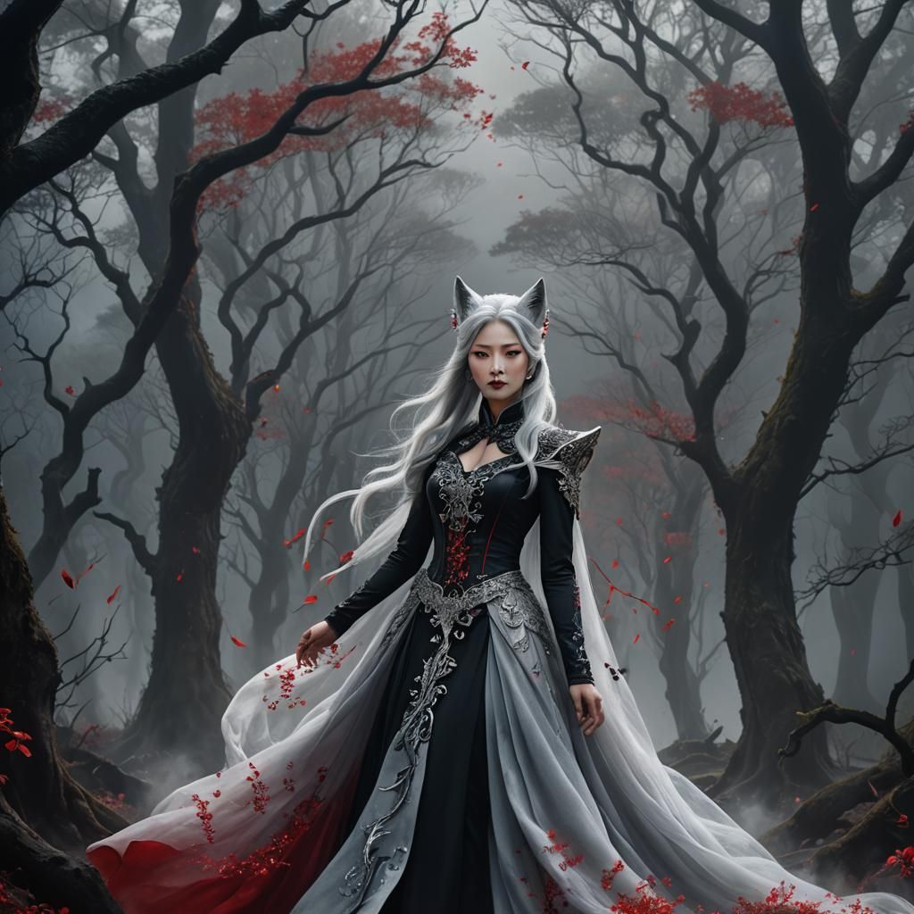 Vampire Queen with Fox Ears in Misty Forest