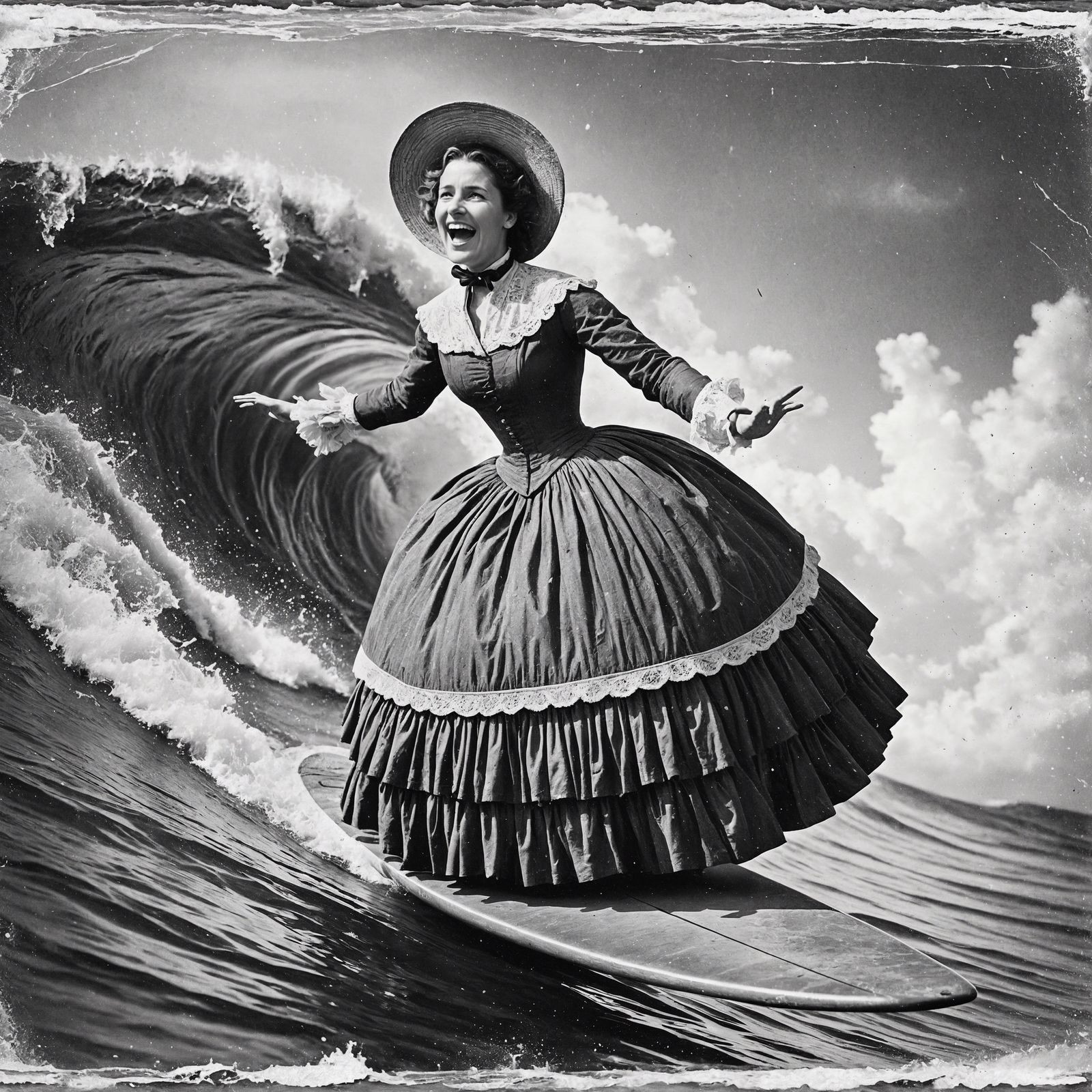 Victorian Woman Surfing on Stormy CGI Ocean