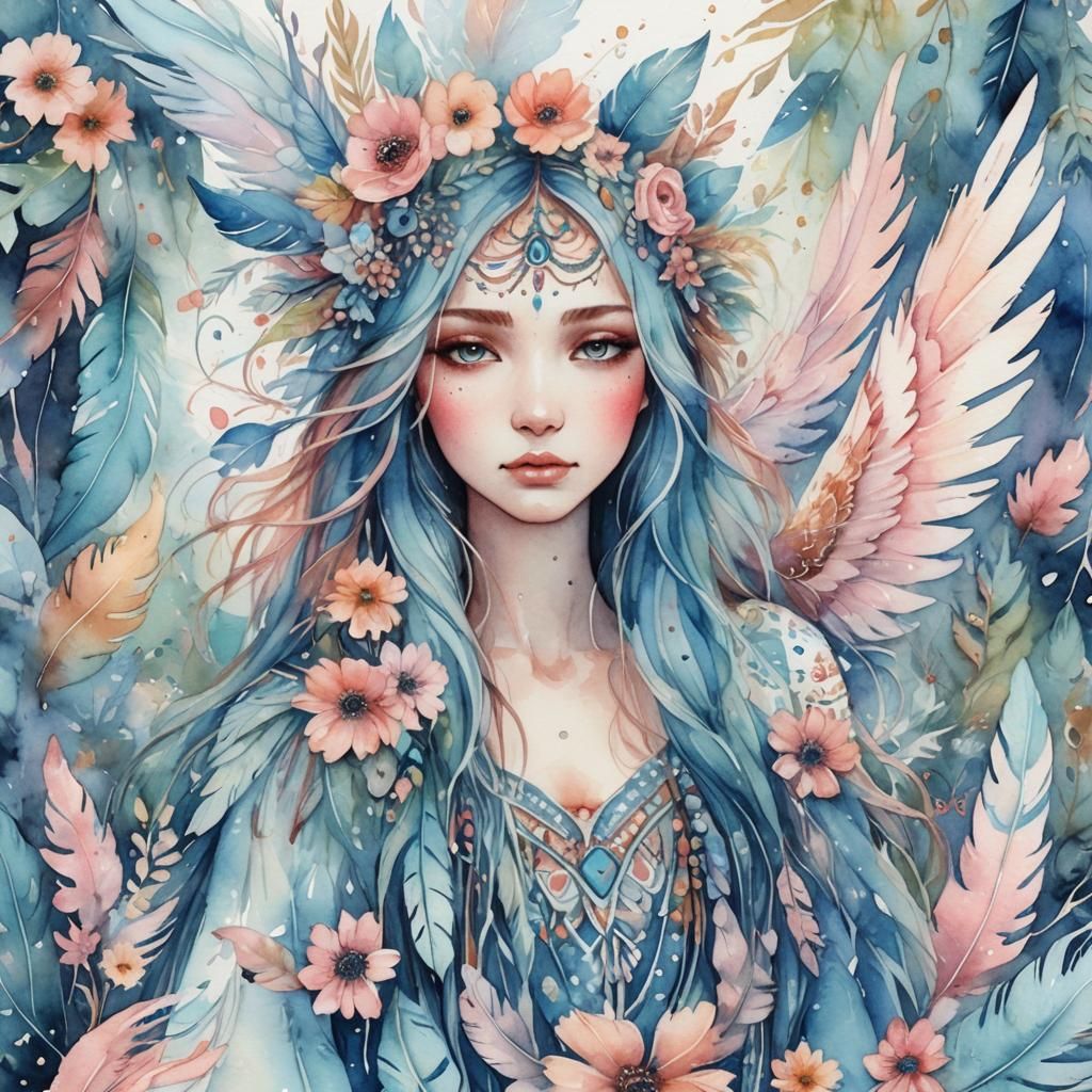 Boho Mystical Creature in Watercolor Fantasy Garden